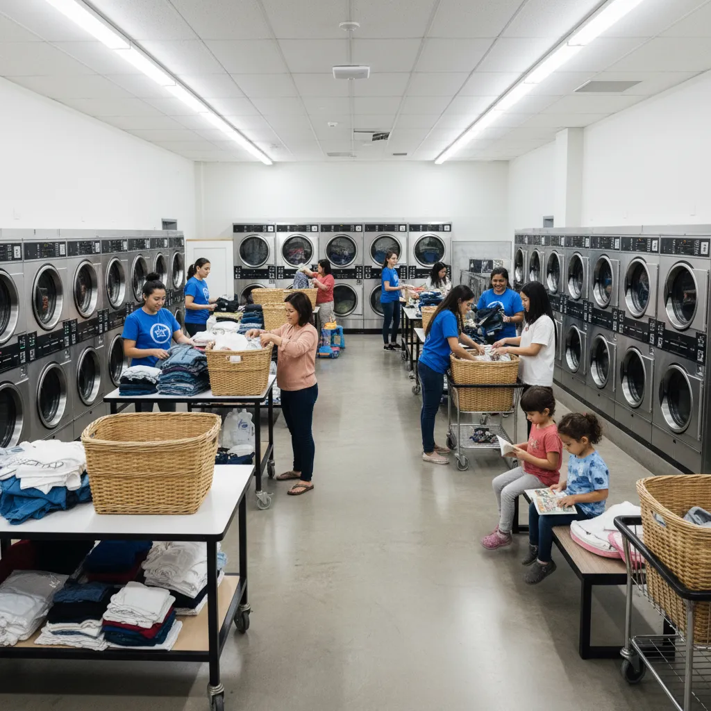people attending a community laundromat event offering free laundry services