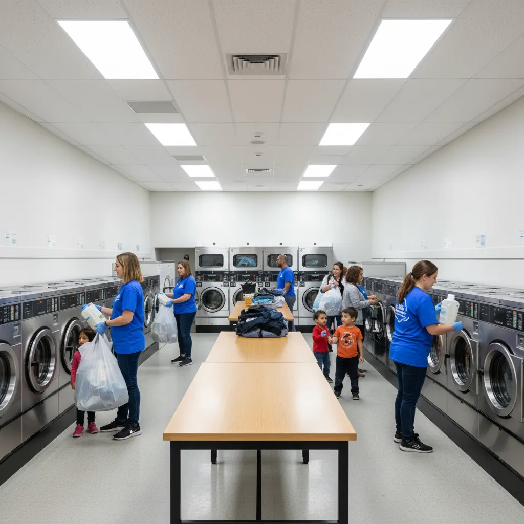 Volunteers organizing detergent and assisting people during a community laundry event