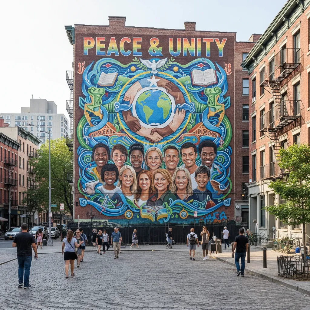 community building wall with colorful peace themed mural art