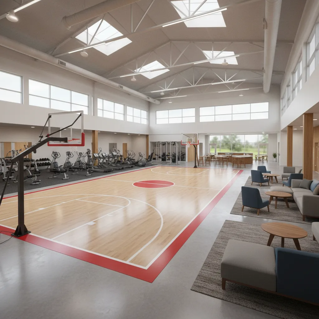 modern community recreation center interior with basketball court and fitness areas