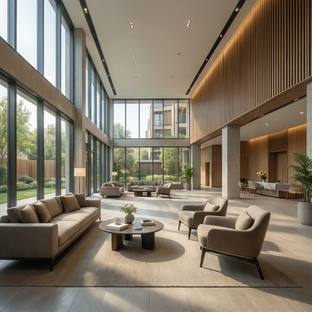 Modern residential building lobby with seating and open common area