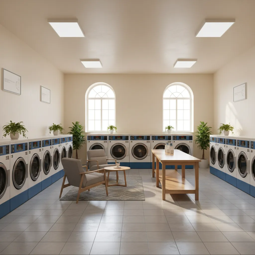 bright community laundromat interior with seating and washing machines