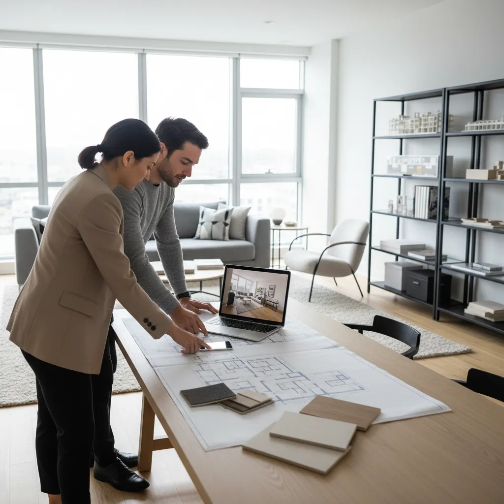 Two interior designers discussing room layout using laptop and floor plan on a wooden table