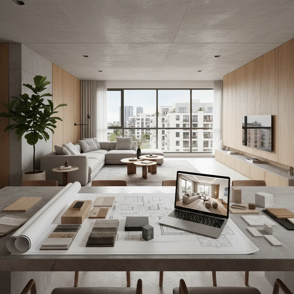Interior design drawing on table with laptop material samples and living room in the background
