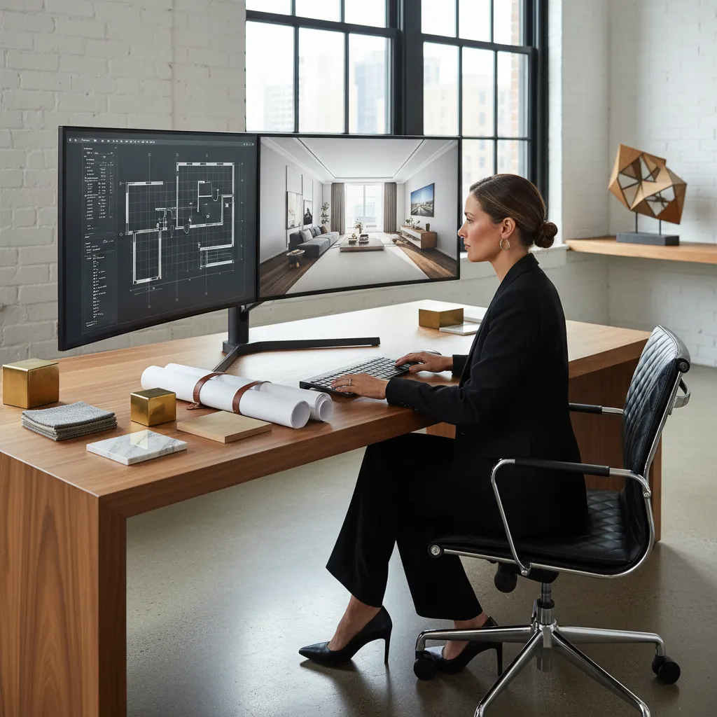 Professional designer at wooden desk using dual monitors for floor plan and interior design drawing