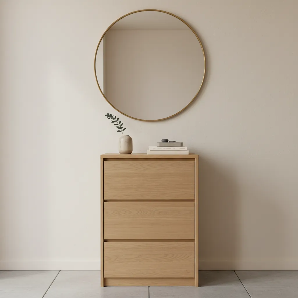 Light wood storage cabinet with three drawers and large round mirror on a beige wall