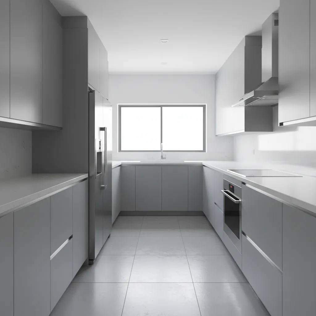 compact 10 foot kitchen layout with cabinets appliances and narrow walkway