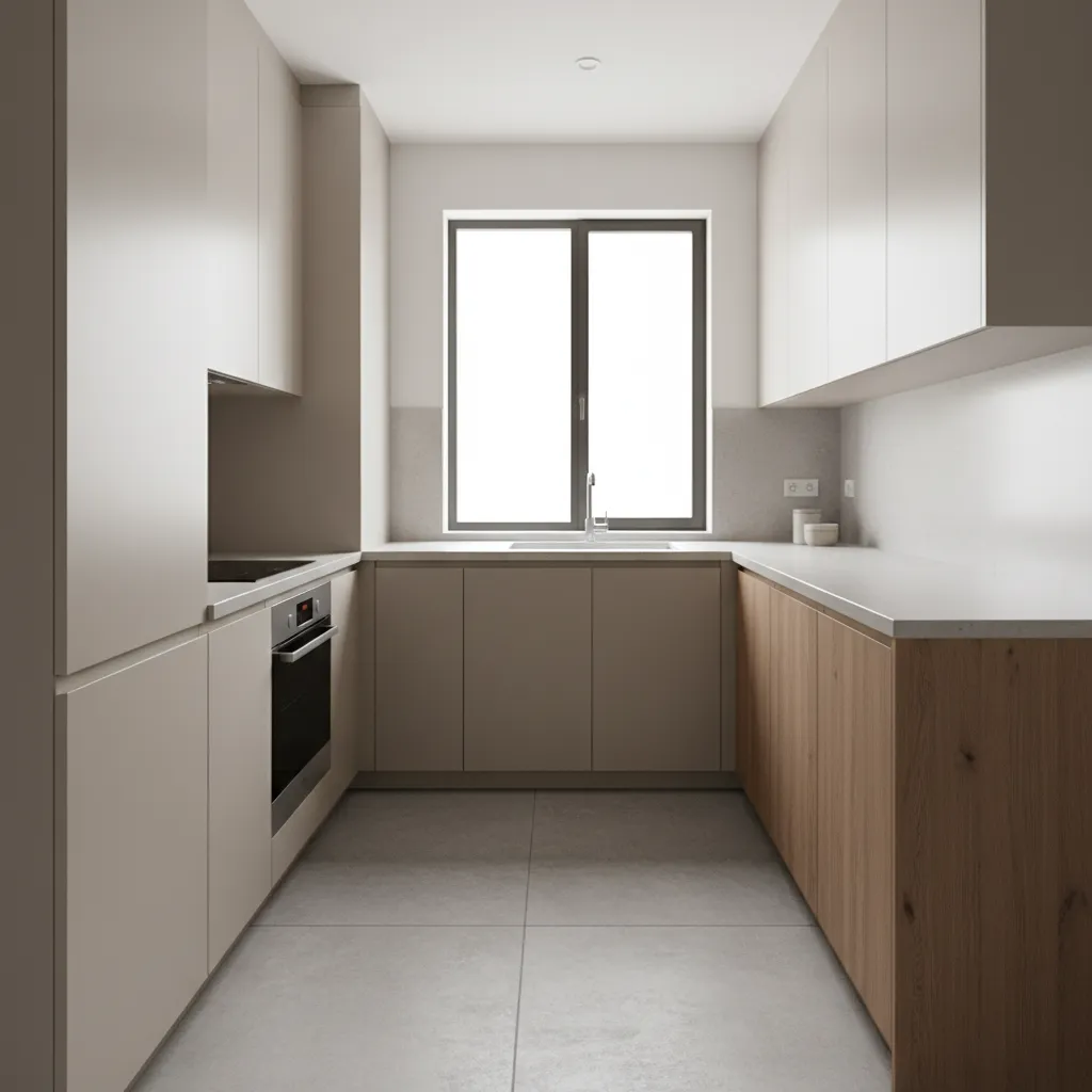 Compact 10 foot kitchen layout with efficient workflow and minimal walking distance