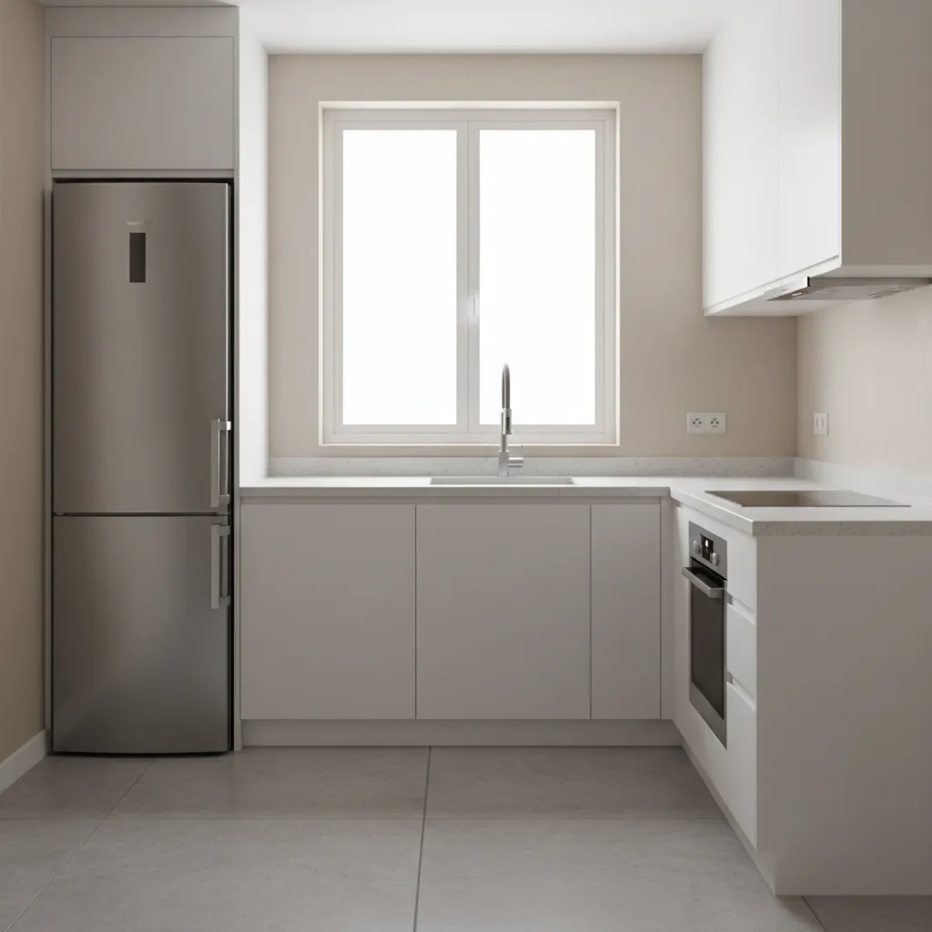 compact 10 foot kitchen showing efficient work triangle between sink stove and refrigerator