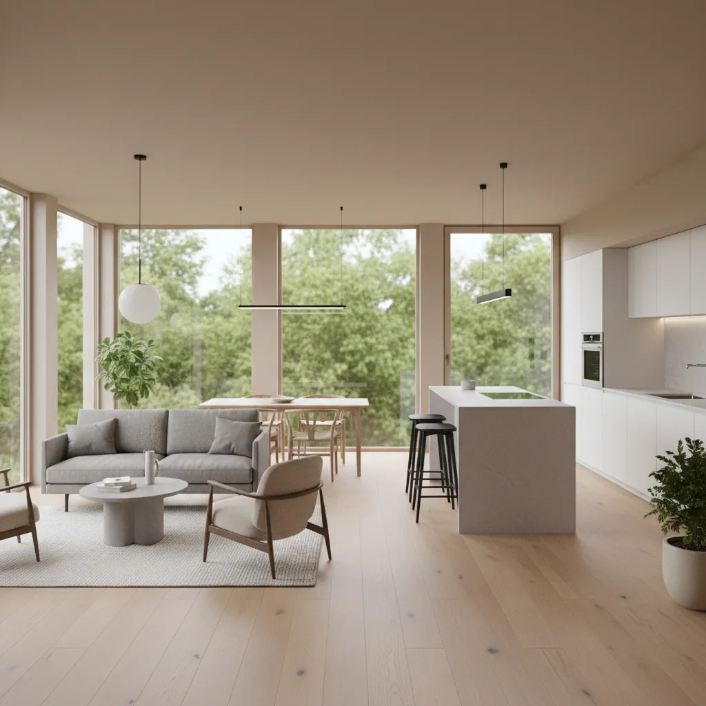 Open plan living room with grey sofa wooden floor kitchen island and windows showing trees