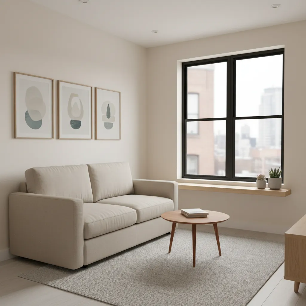 Small 10x10 apartment living room with loveseat and compact coffee table