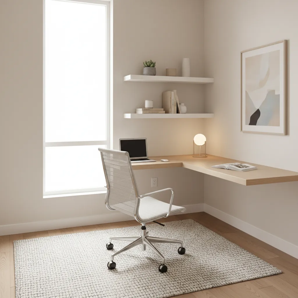 compact 10x10 home office layout with desk near window and shelving