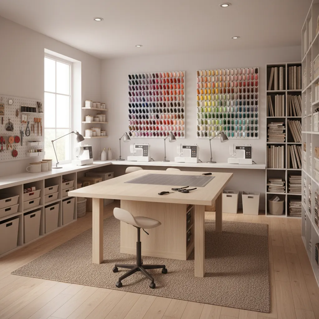 efficient 10x10 sewing room layout with central cutting table and wall machines