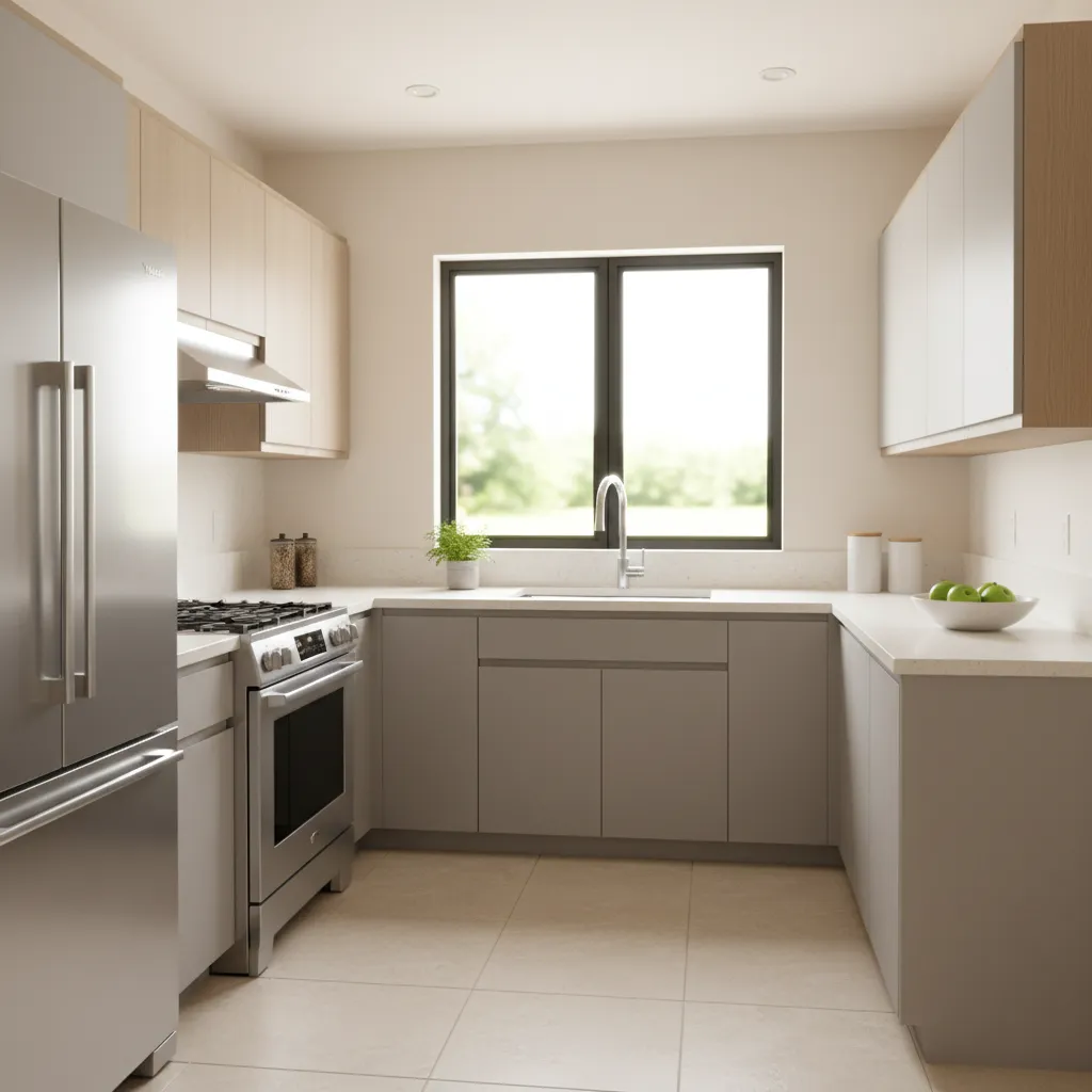 Small kitchen with grey lower cabinets and wood upper cabinets and a fridge near window