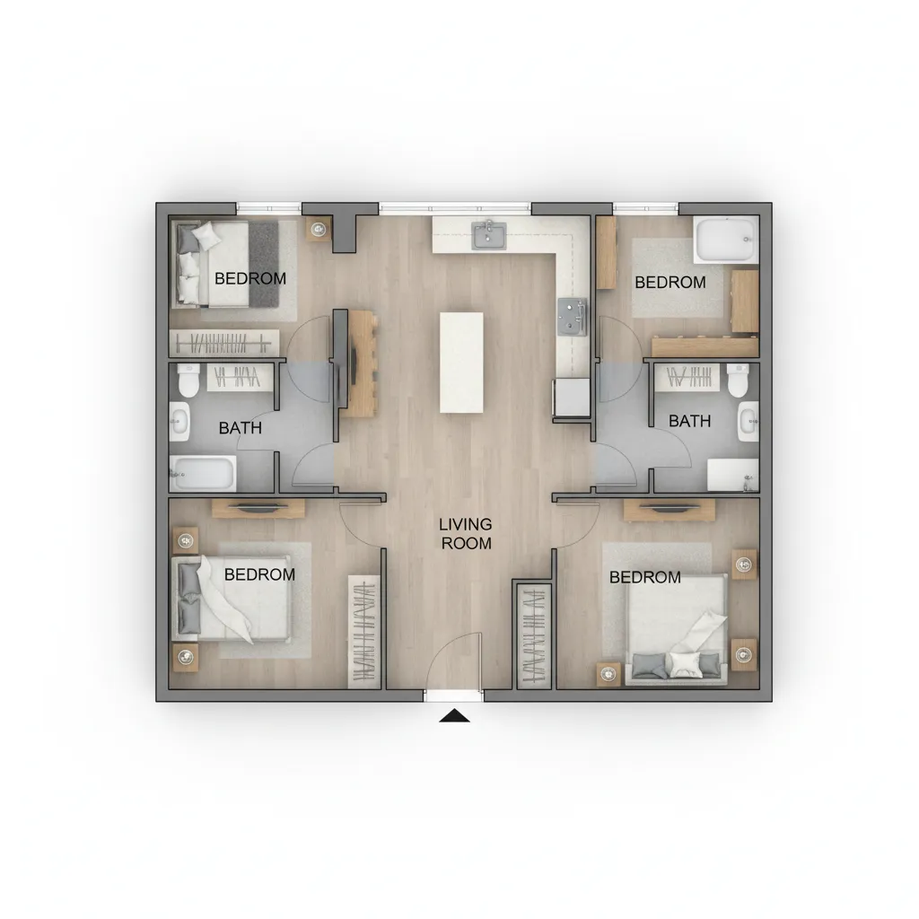 Compact floor plan layout for a cost efficient 1200 sq ft house