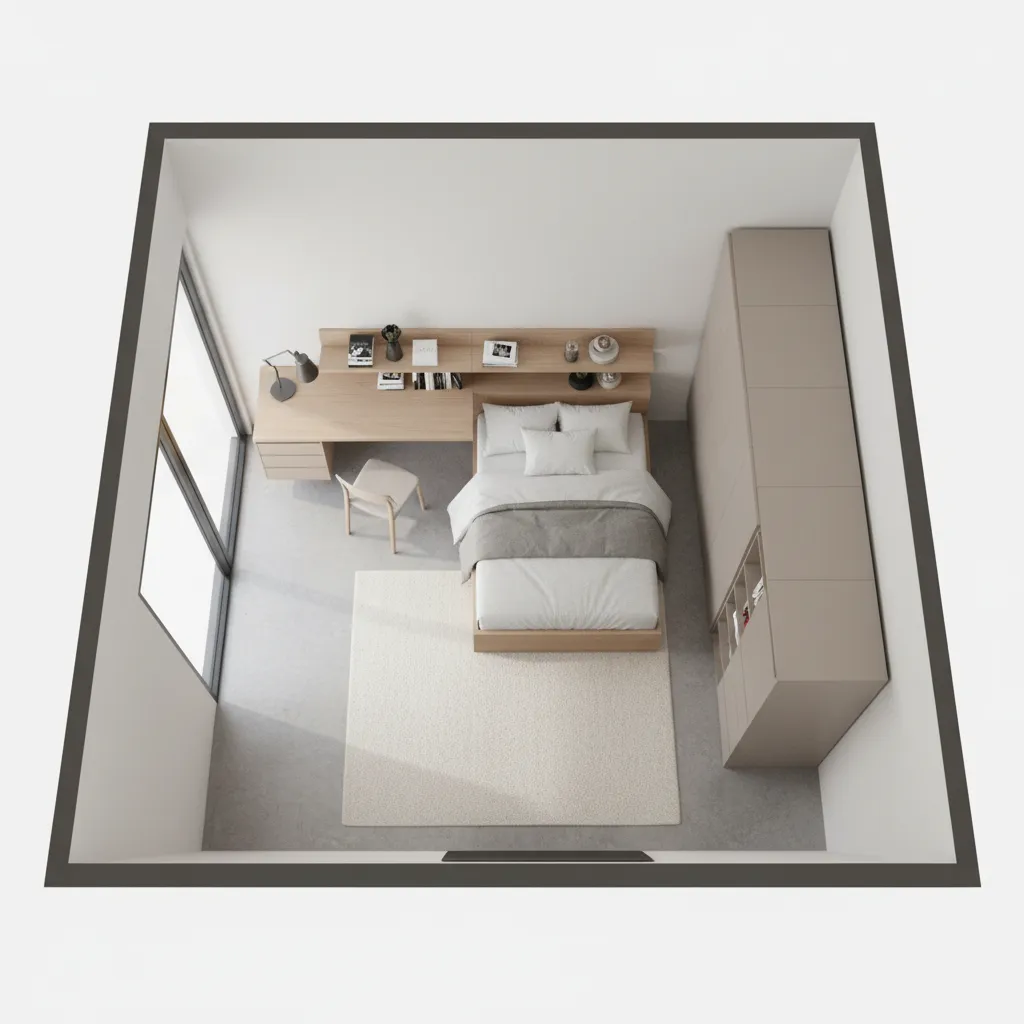 Small 126 sq ft bedroom with compact furniture layout