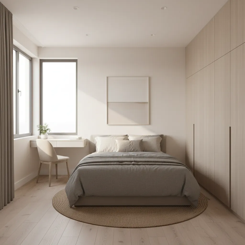 compact 12x12 bedroom layout with bed desk and wardrobe arrangement