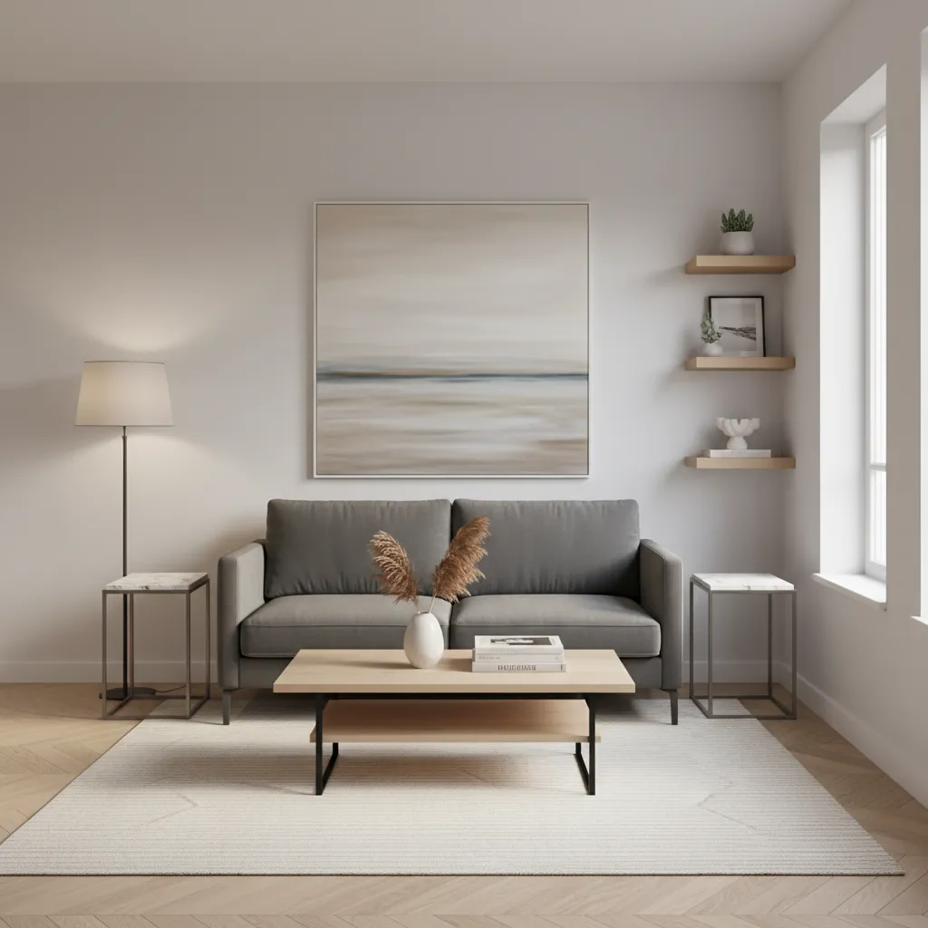 compact 13x10 living room layout with small sofa and balanced furniture spacing