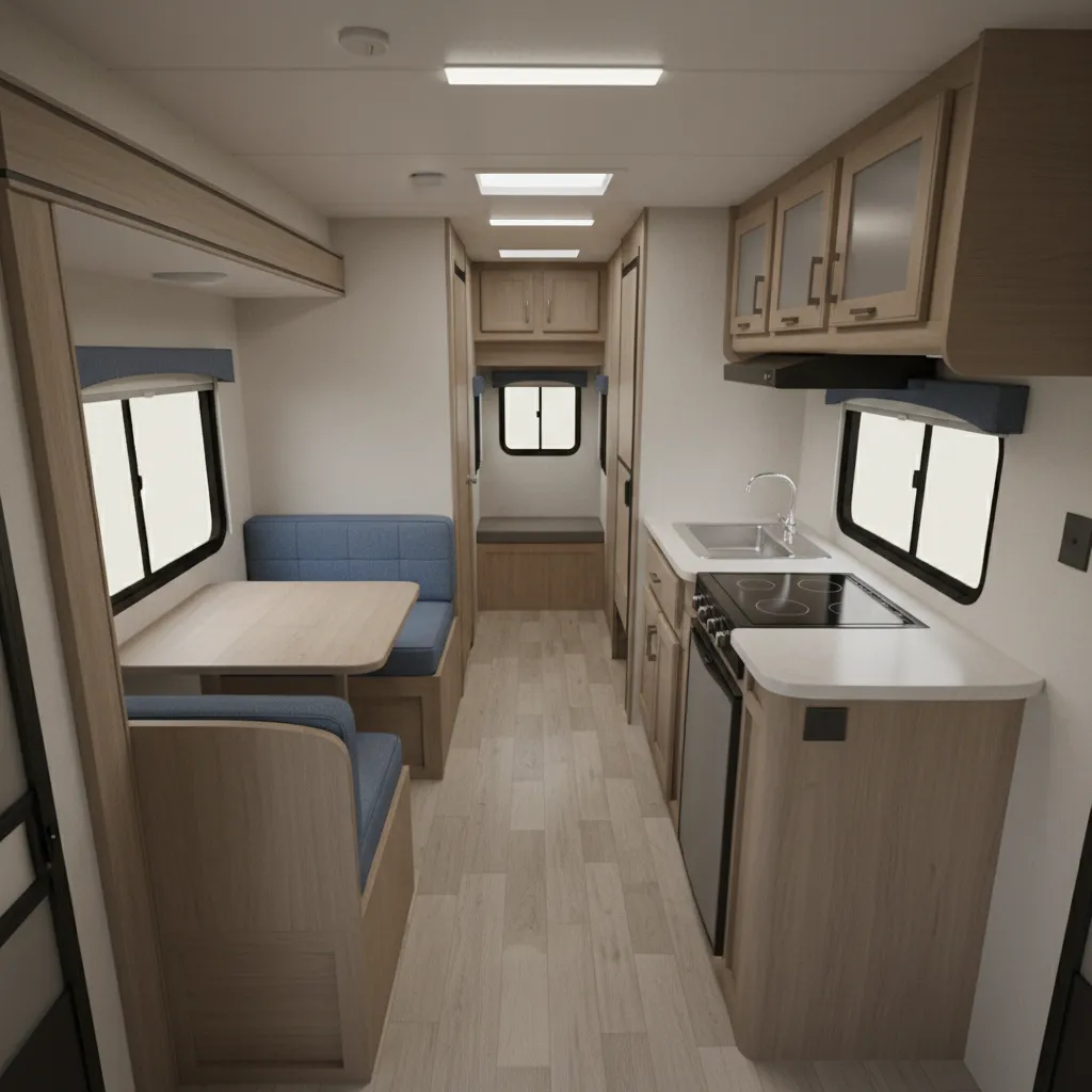 Interior overview of a compact 19 ft travel trailer layout