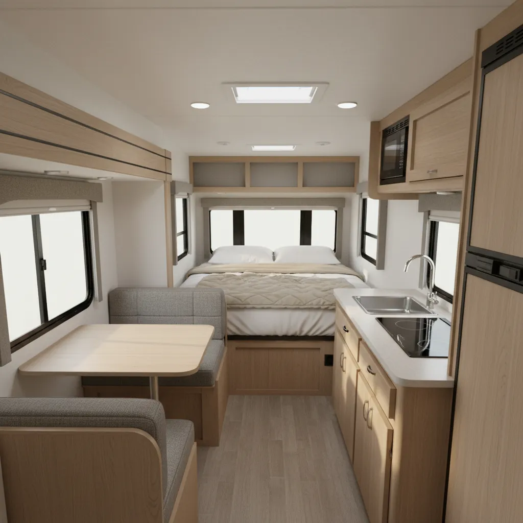 Interior overview of a compact 19 ft travel trailer showing kitchen, dinette and sleeping area