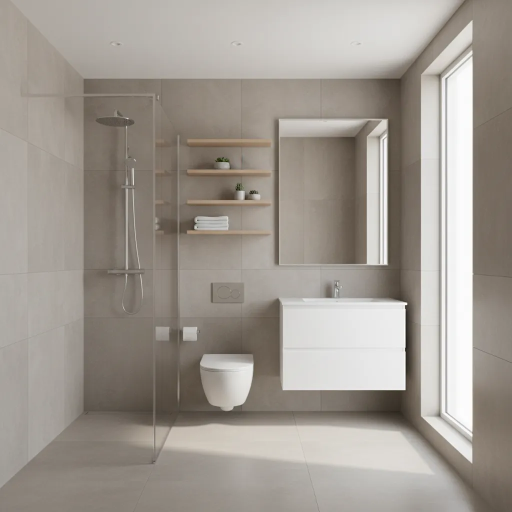 small apartment bathroom layout with vertical storage and floating vanity
