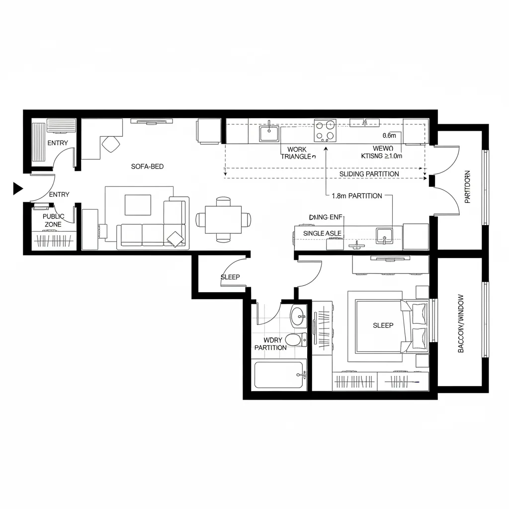 Top-down 2D CAD plan of compact 1BHK with sliding partition and efficient spine