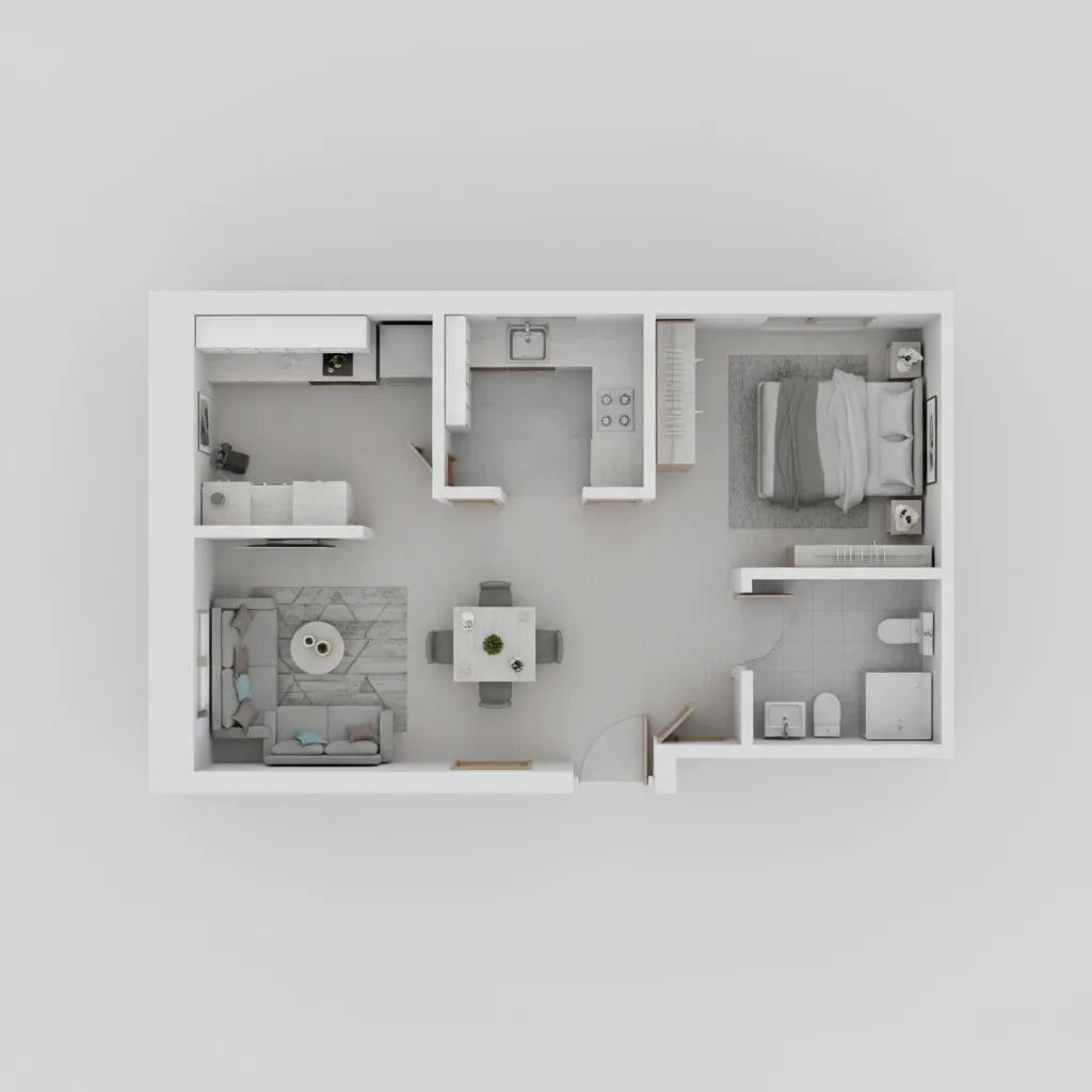 Optimized layout example for a small 1 BHK apartment