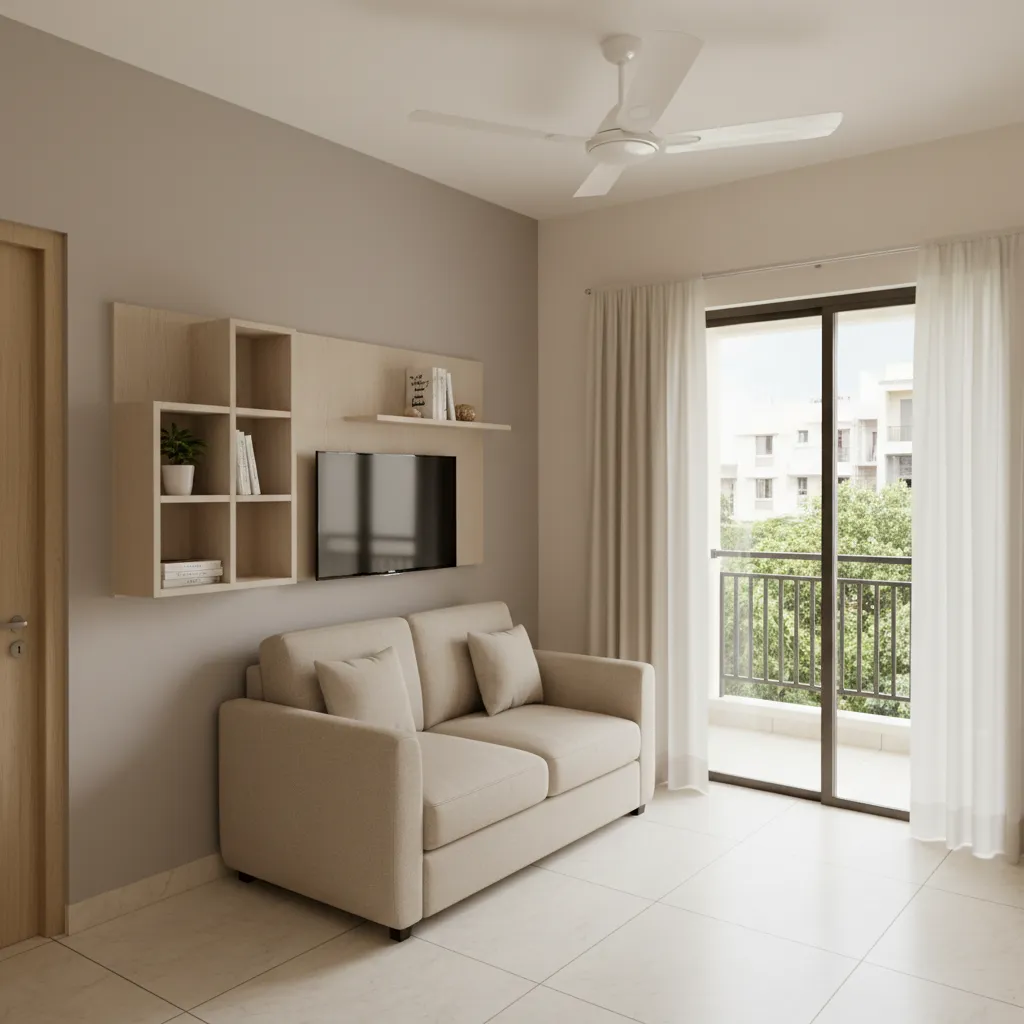 Compact living room design in a Chennai 1 BHK apartment with sofa and wall mounted TV