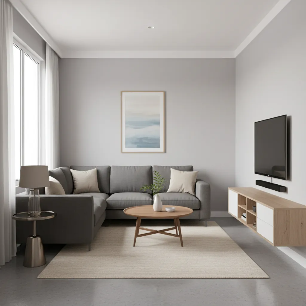 Small modern living room layout in a 1 BHK apartment with space saving furniture