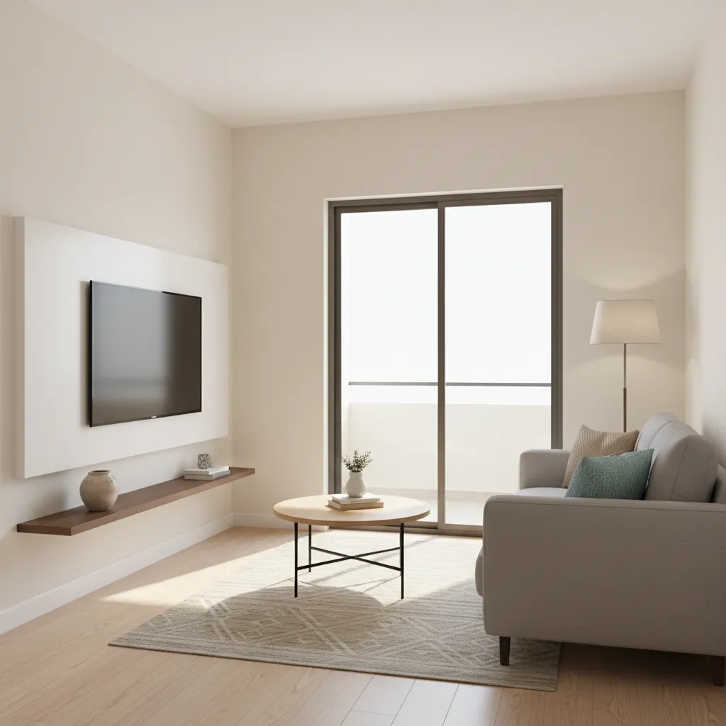 compact living room layout in a Delhi NCR 1 BHK apartment