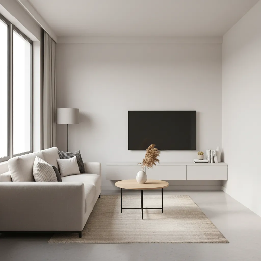 Compact living room layout in a 1 BHK apartment with sofa and smart zoning