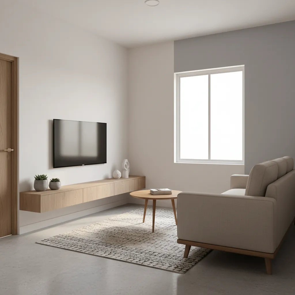 Compact living room layout in a 1 BHK apartment with sofa and wall storage