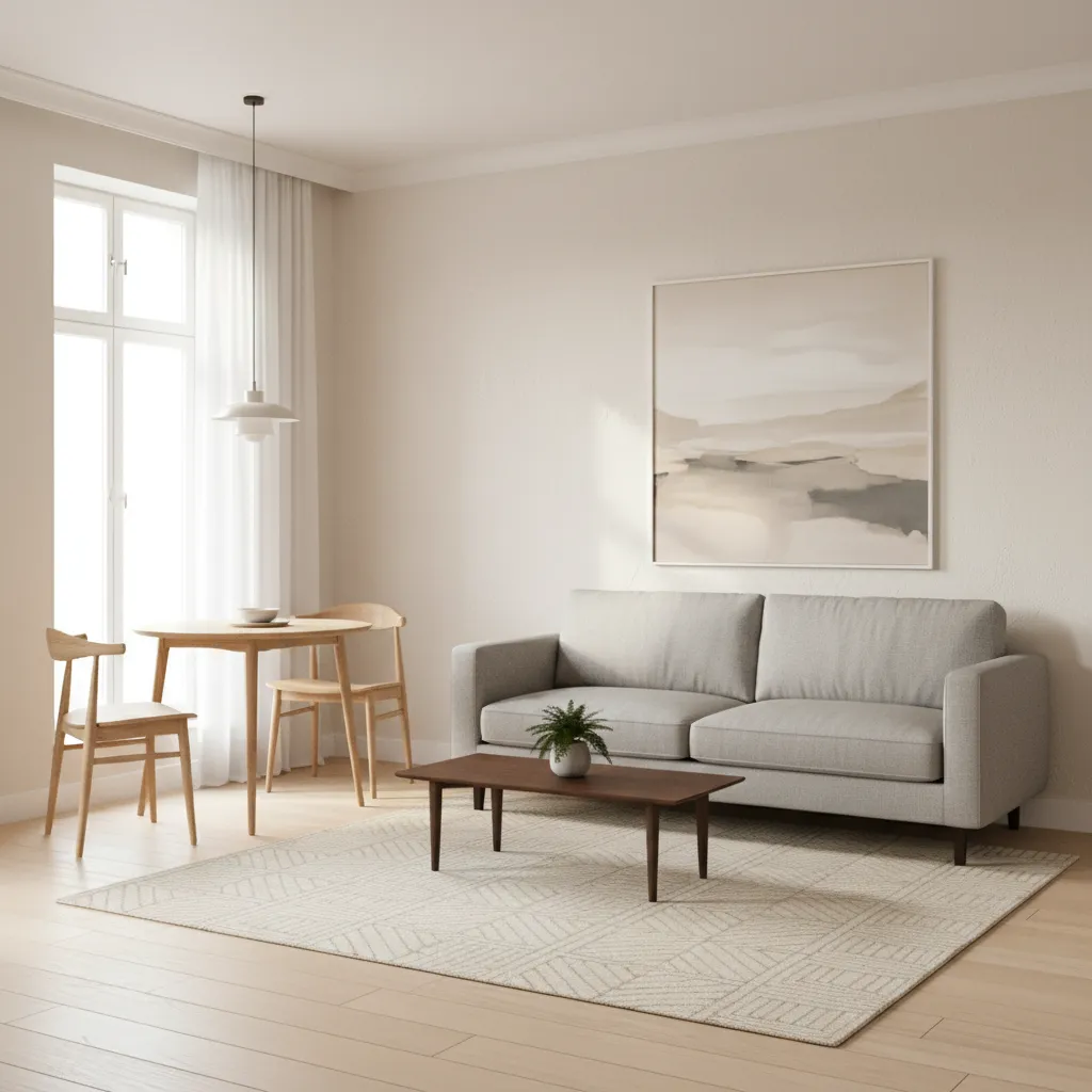 Compact 1 BHK living room layout with sofa and small dining setup