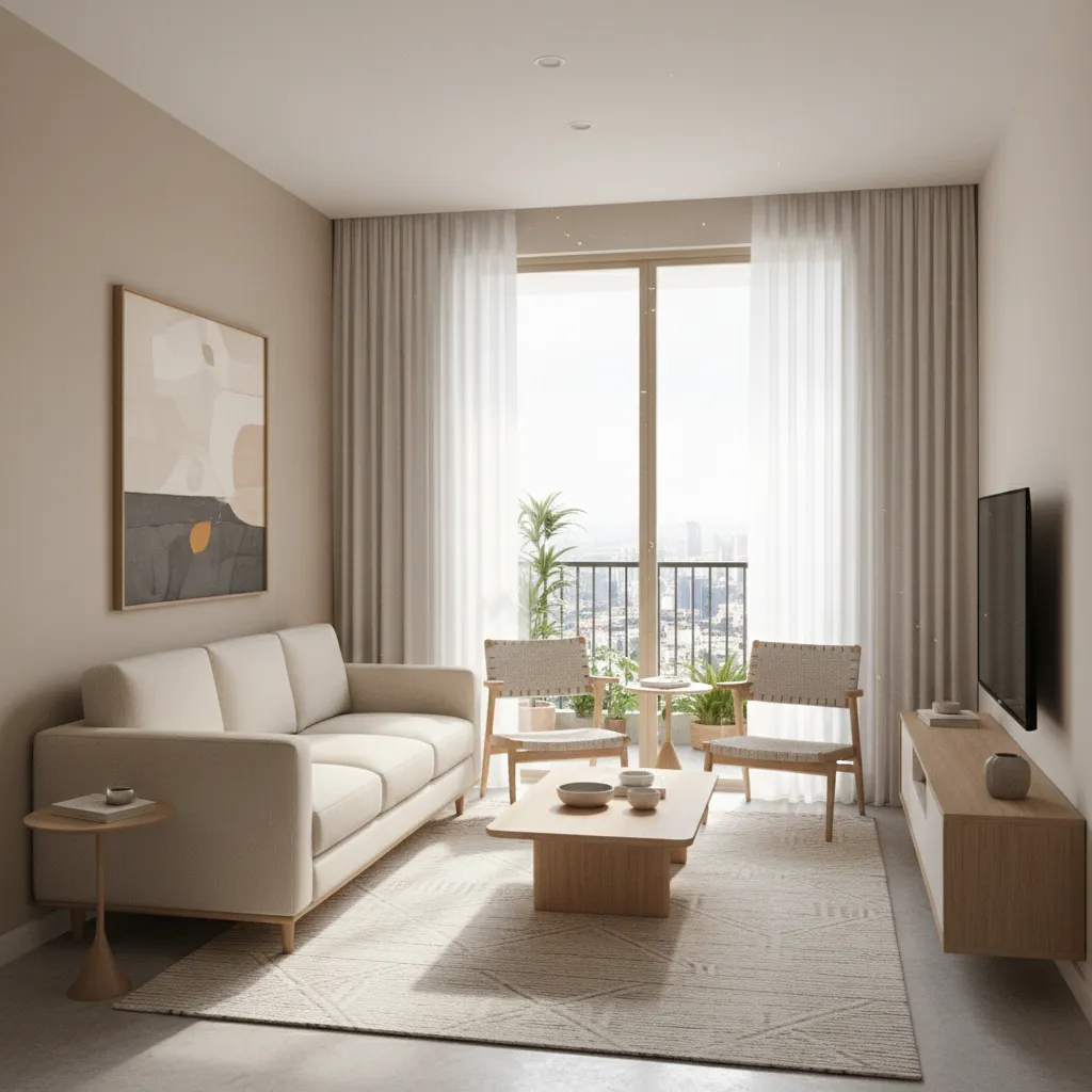 Compact living room layout for a 1 BHK house with sofa and balcony window