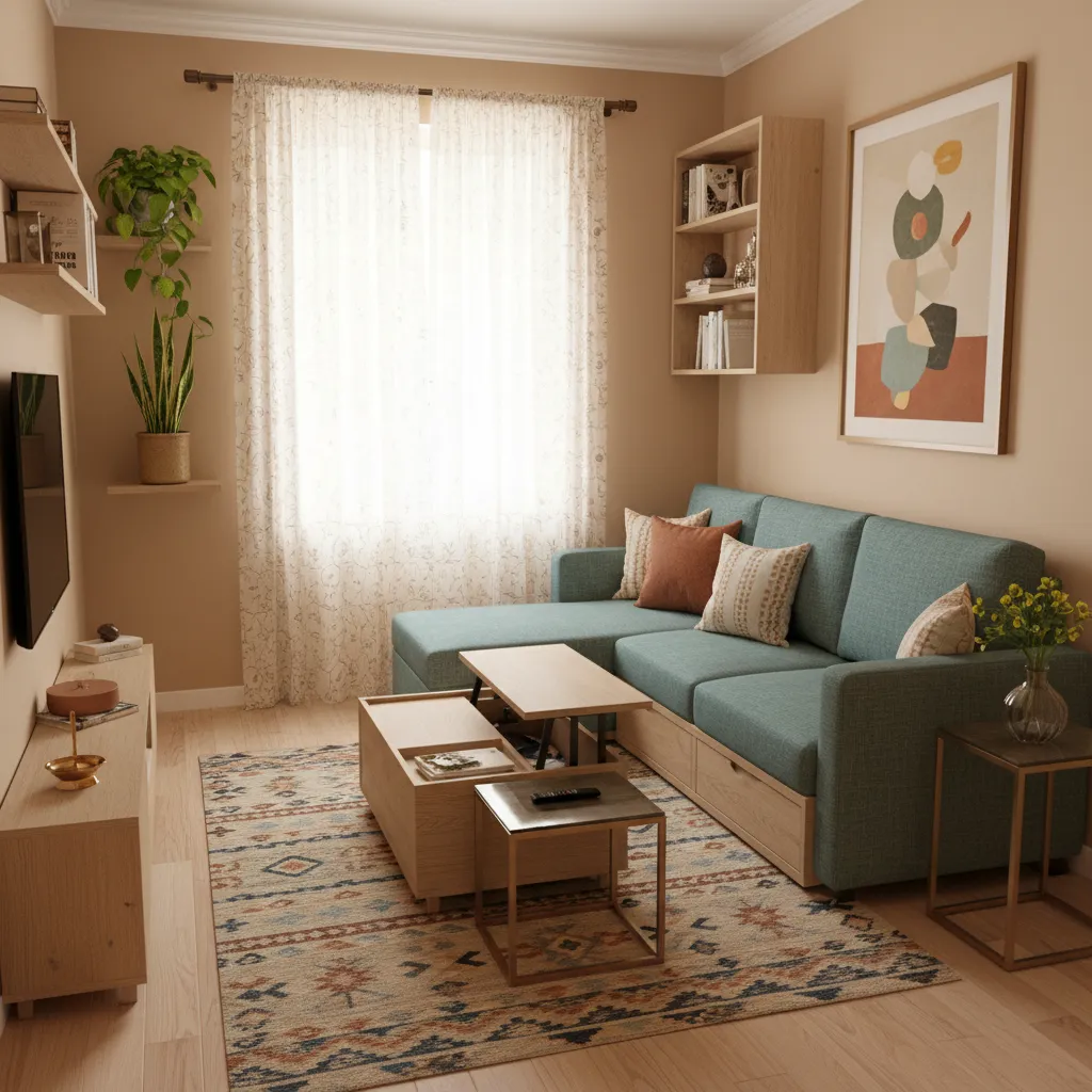 Compact living room layout with multifunctional furniture in a small Pune apartment