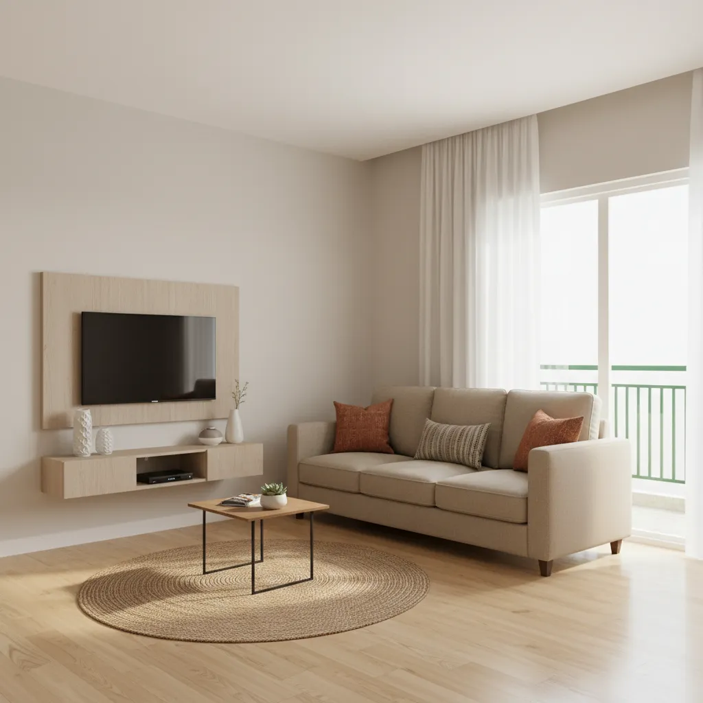 Compact living room layout for a small 1 BHK apartment with sofa and wall mounted TV
