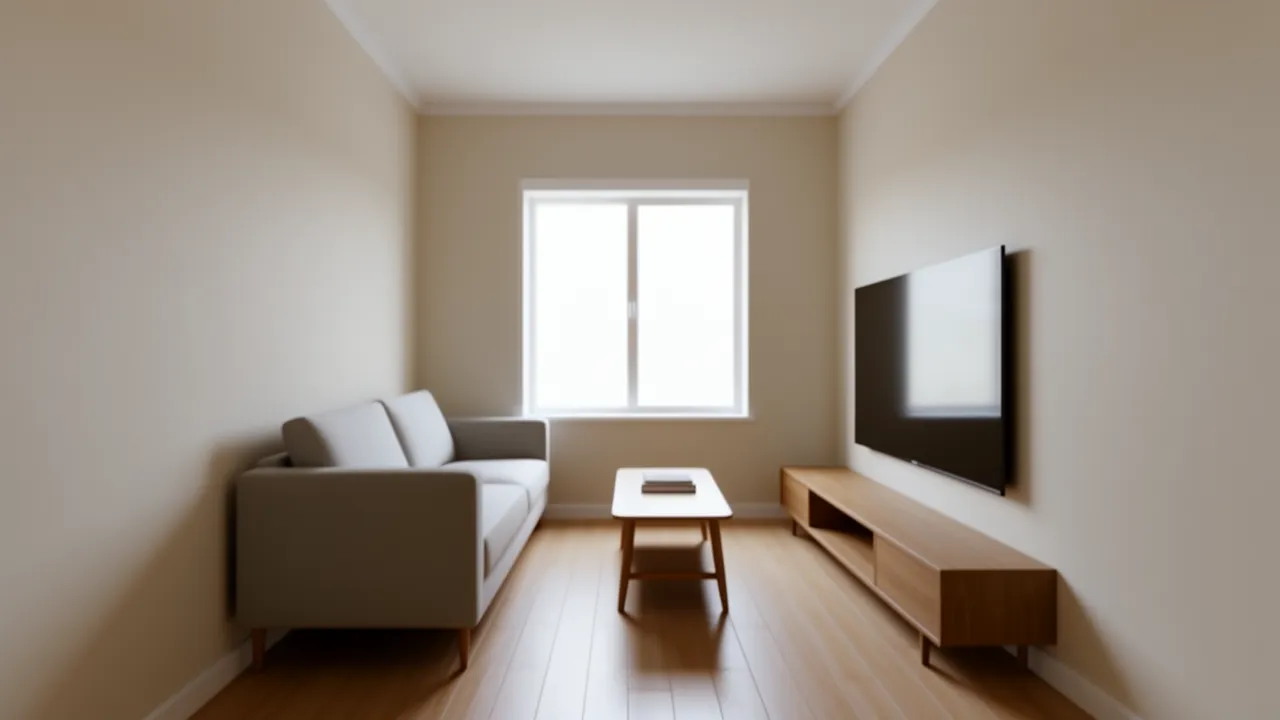 Compact modern 1 BHK living room layout with sofa TV unit and natural light