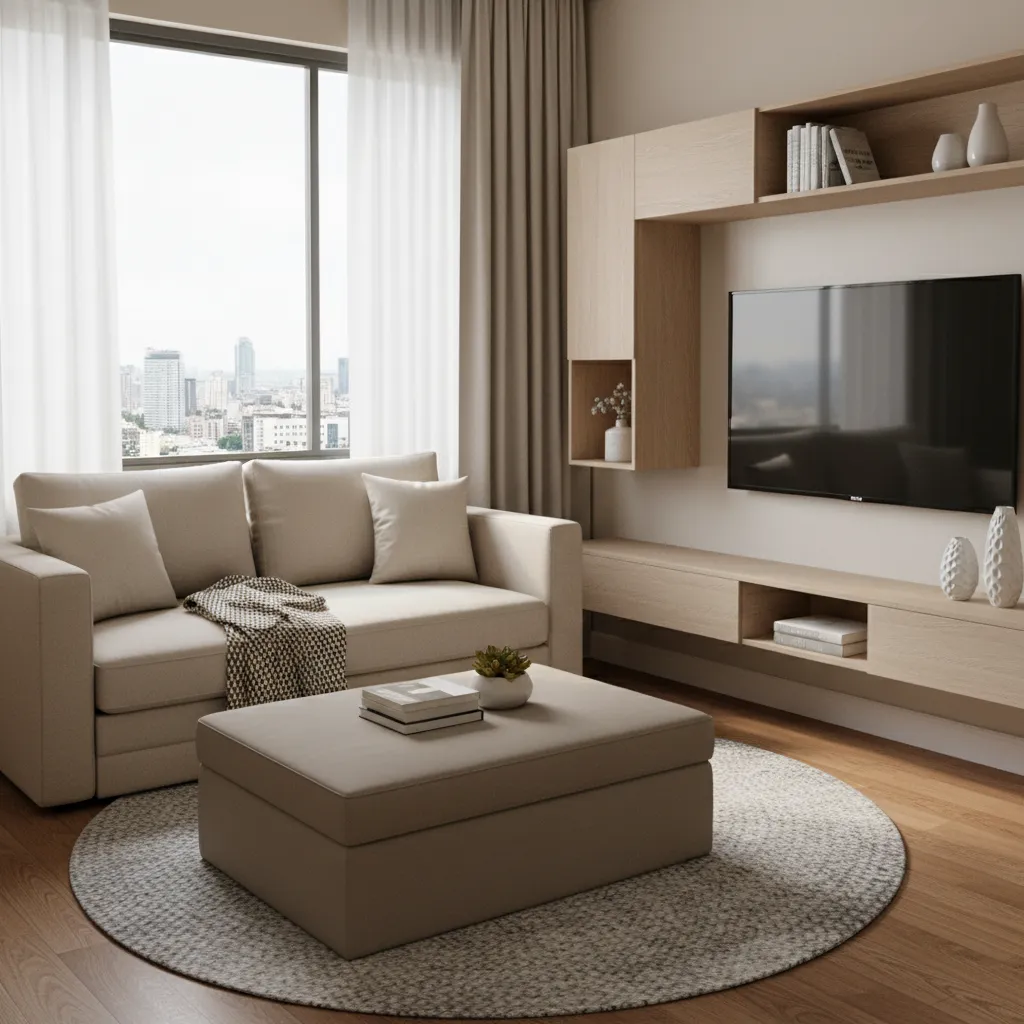 Compact living room layout in a 1 BHK apartment with multifunctional furniture