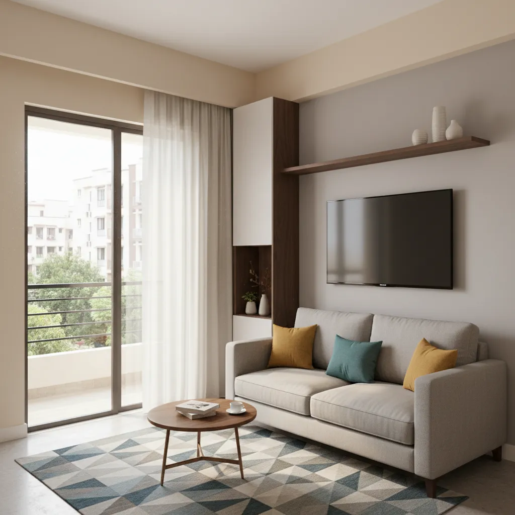 Compact living room layout in a Mira Road 1 BHK apartment with sofa and balcony light