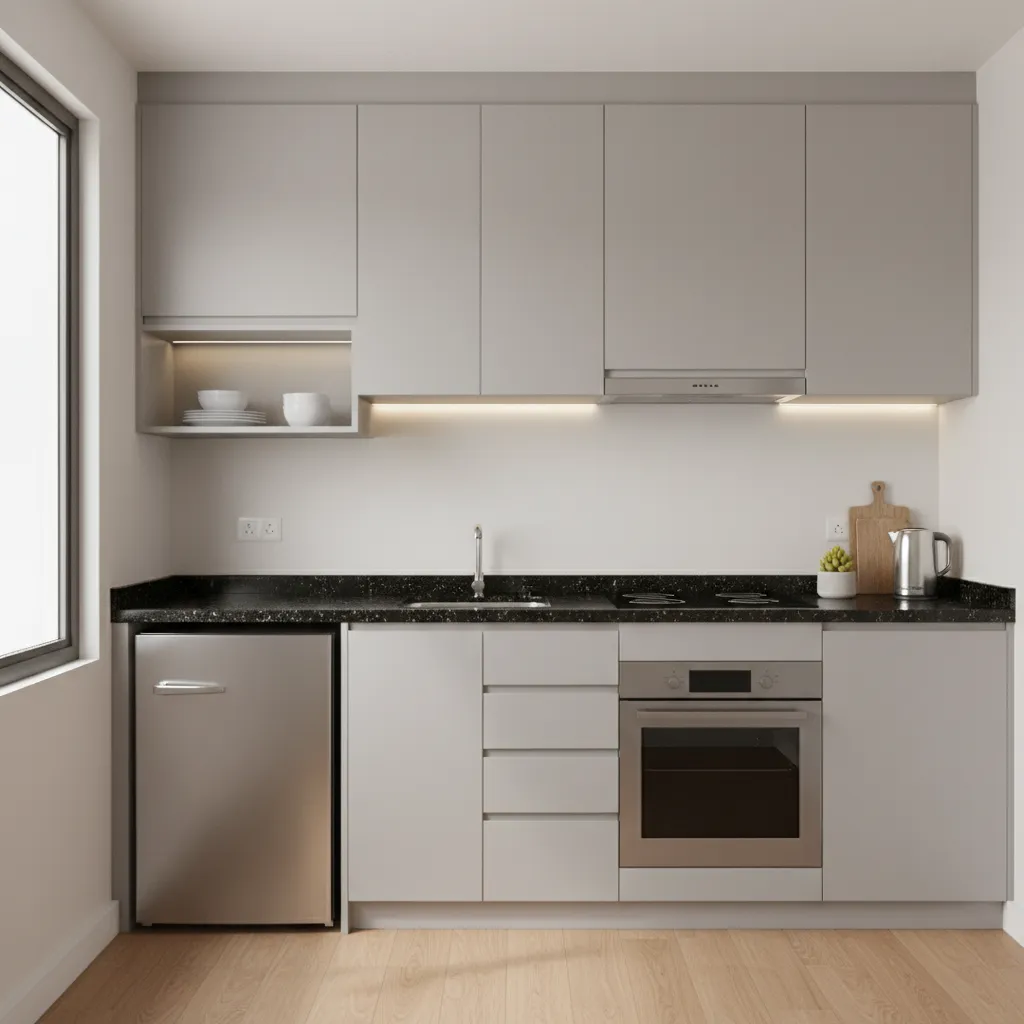 Compact modular kitchen design suitable for a 1BHK apartment