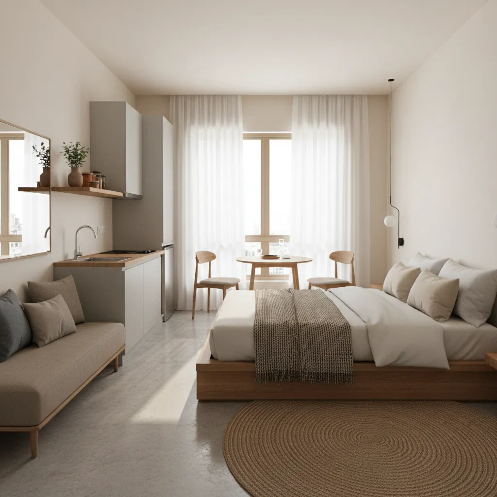 small 1 RK apartment interior layout with bed, sofa and compact kitchen