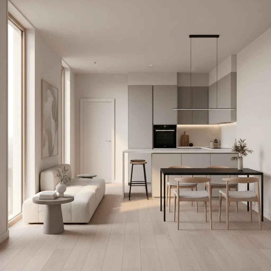 Open living and dining layout inside a compact 1200 sq ft home