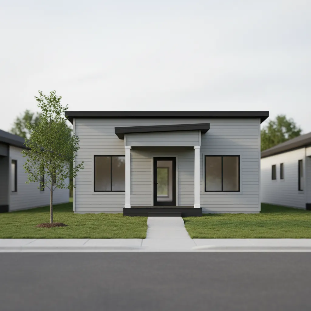 Small grey modern house with flat roof black windows white porch pillars and green grass