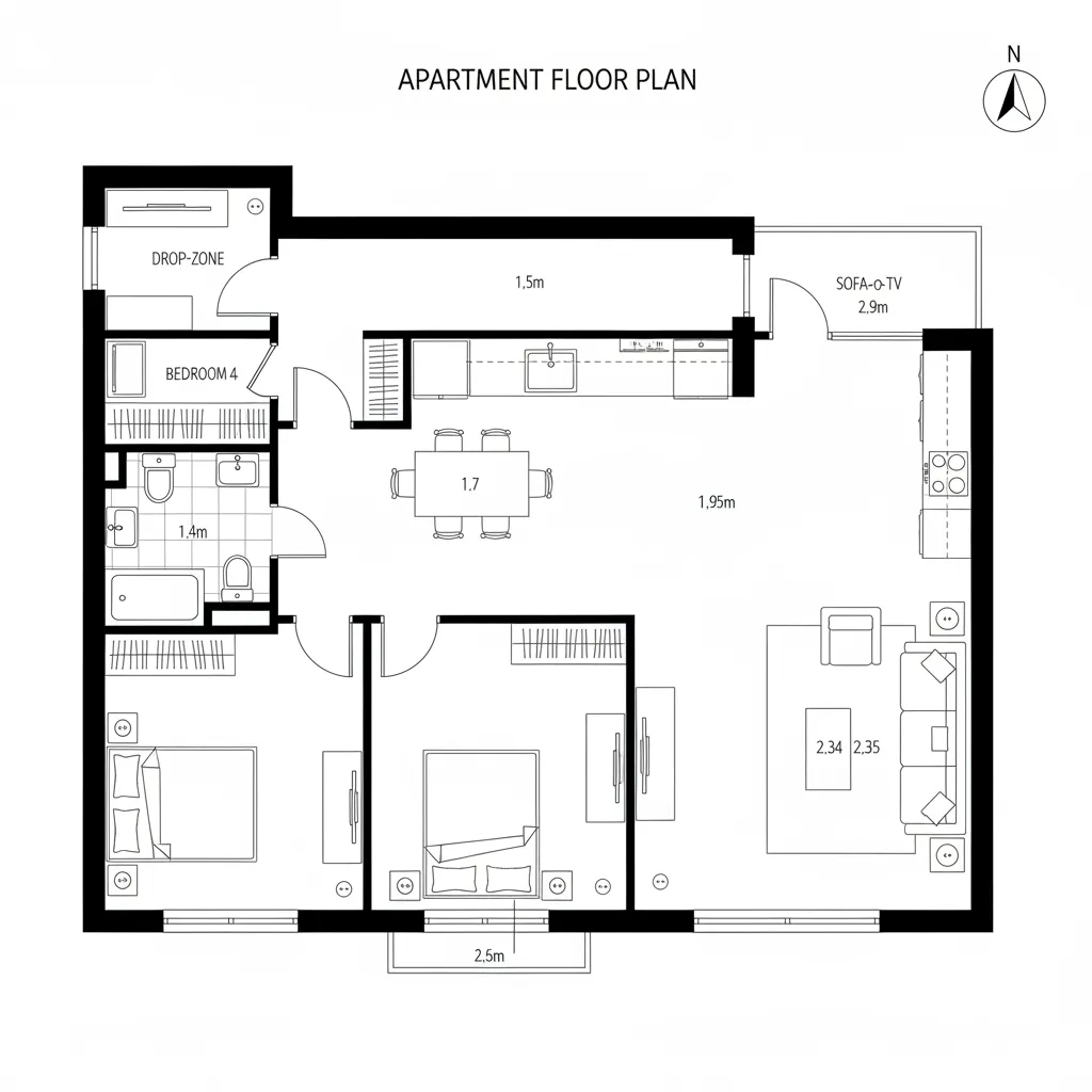 Top-down CAD floor plan of a compact 2-bed with a central living-dining core