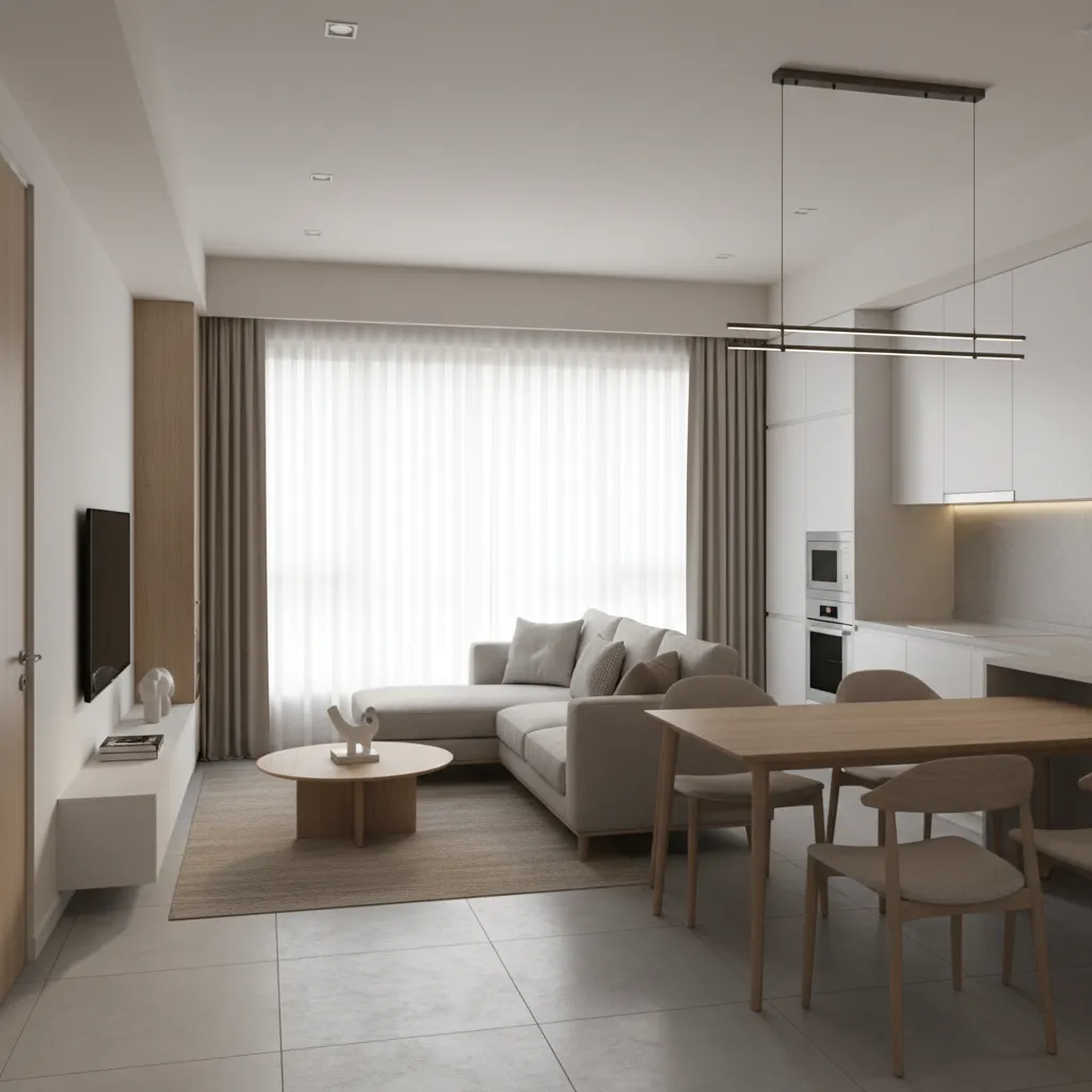 compact 2 BHK apartment living dining area with open layout
