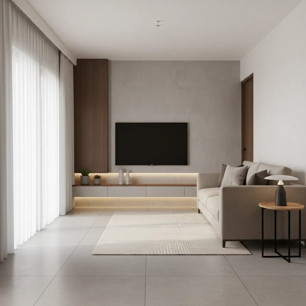 compact 2 bhk living room layout with sofa against wall and open walkway