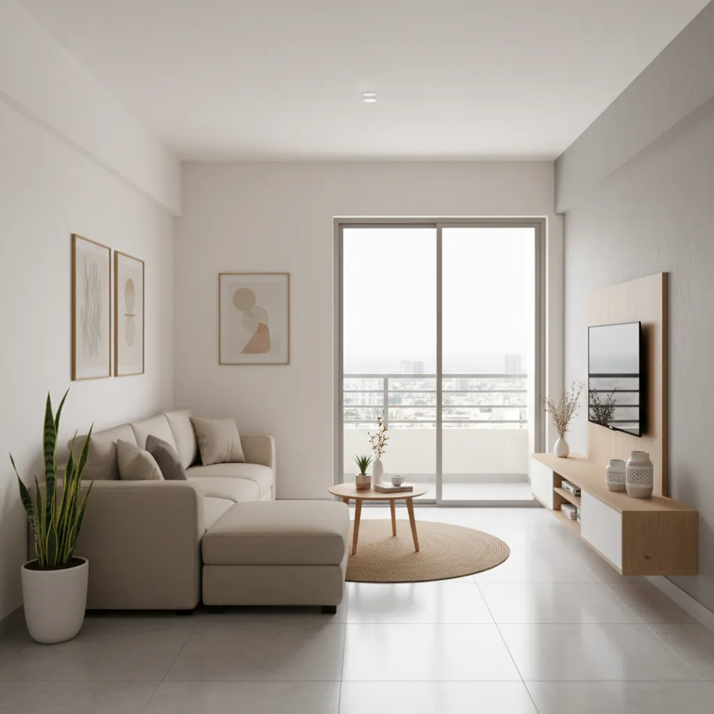Compact living room layout in a 2 BHK flat with sofa, TV unit, and balcony lighting