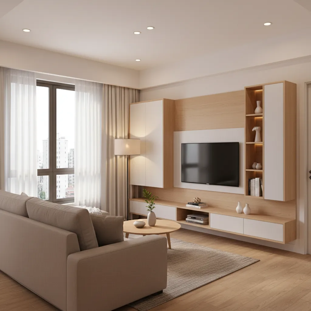 Compact 2 BHK living room layout with sofa TV unit and storage