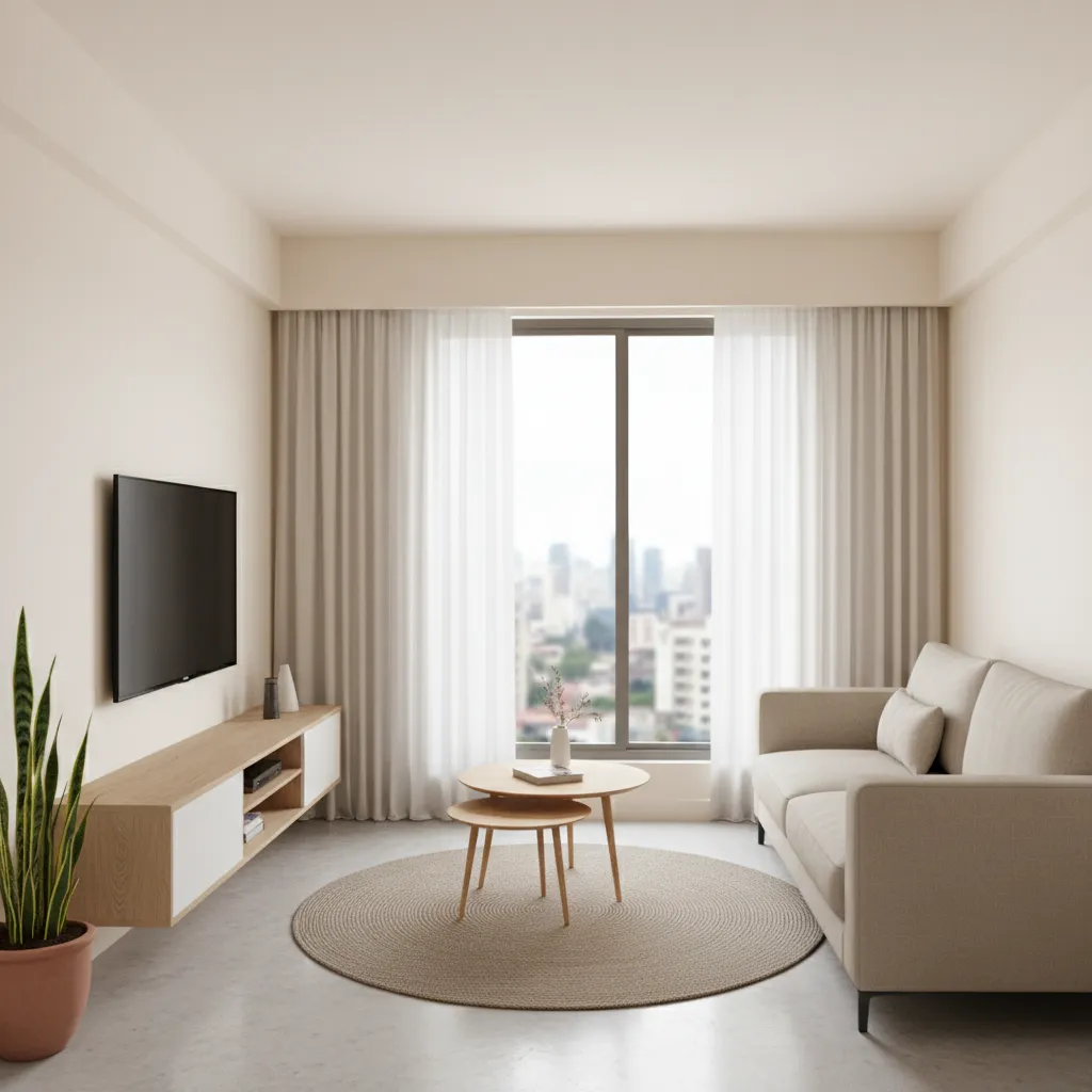 Compact living room interior in a Mumbai 2 BHK apartment with minimalist furniture
