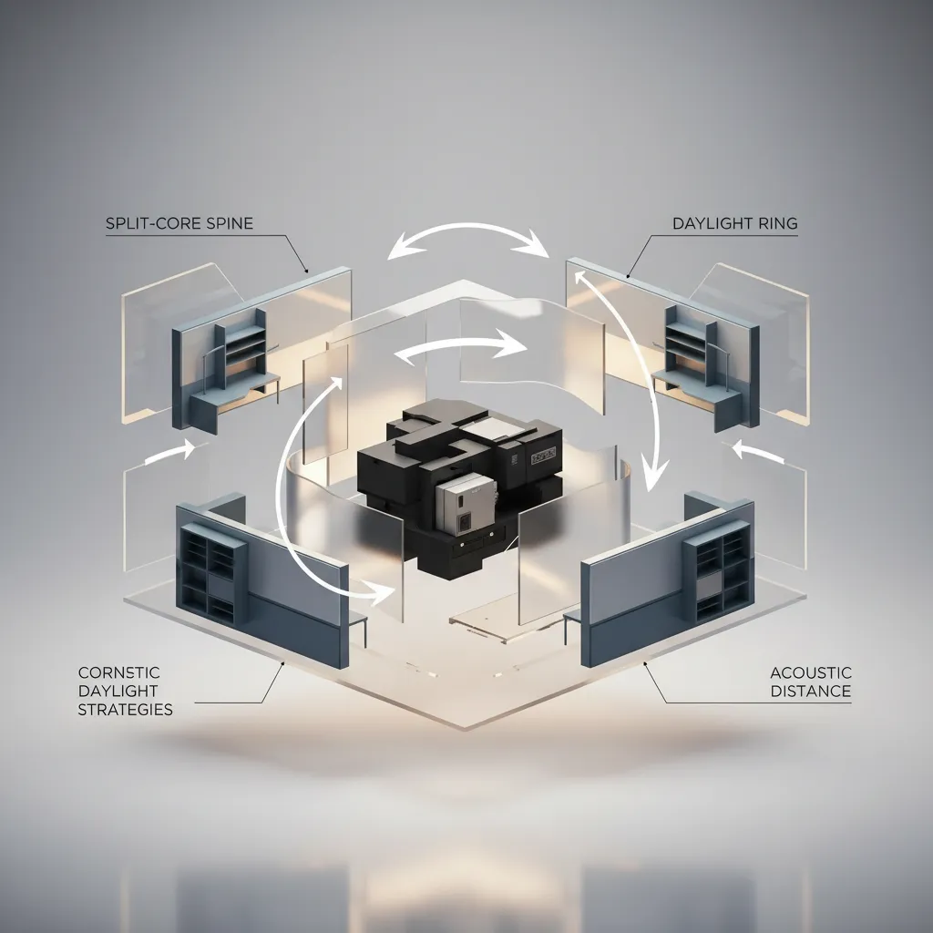 Interior design drawing showing room layout components with labels and arrows for a modern office